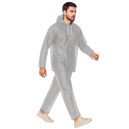 Grey Lightweight Waterproof Rain Suit Set with Adjustable Hood and Pants