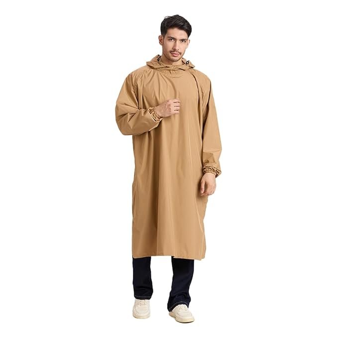 Beige Reusable Waterproof Rain Poncho for Men and Women with Hood