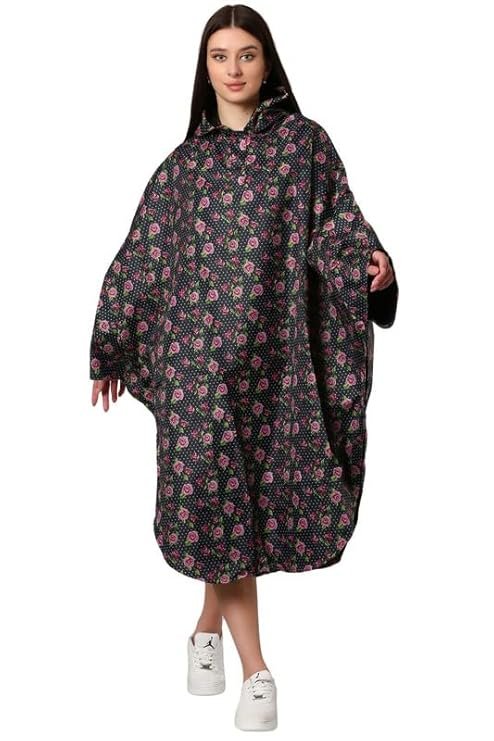 Women's Reversible Black Waterproof Rain Poncho with Hood and Travel Pouch