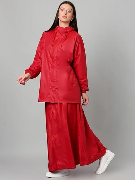 Women's Red Waterproof Rain Skirt Jacket Set Stylish Rain Protection