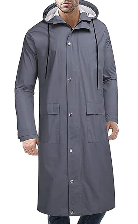 Long Hooded Grey Rainwear for Men with Portable Storage Bag