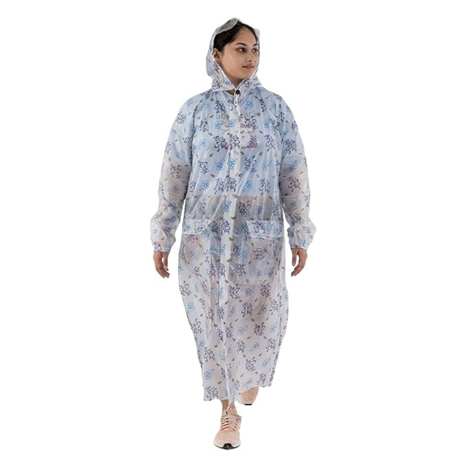 Women's Blue Floral Print Hooded Raincoat Lightweight Waterproof Outerwear