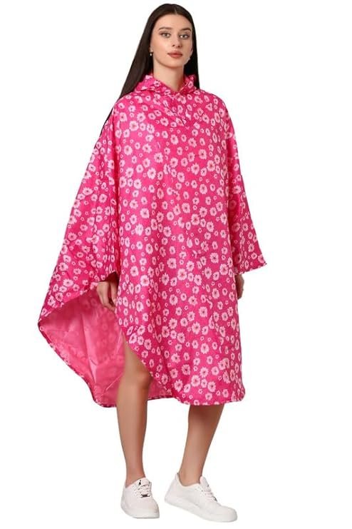 Women's Reversible Pink Waterproof Rain Poncho with Hood and Storage Pouch