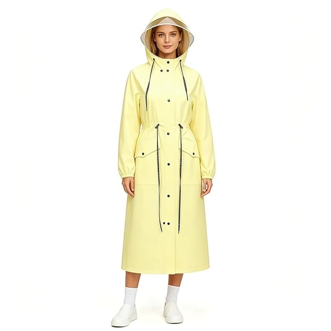 Women's Yellow EVA Waterproof Hooded Raincoat Lightweight Windproof Rain Jacket