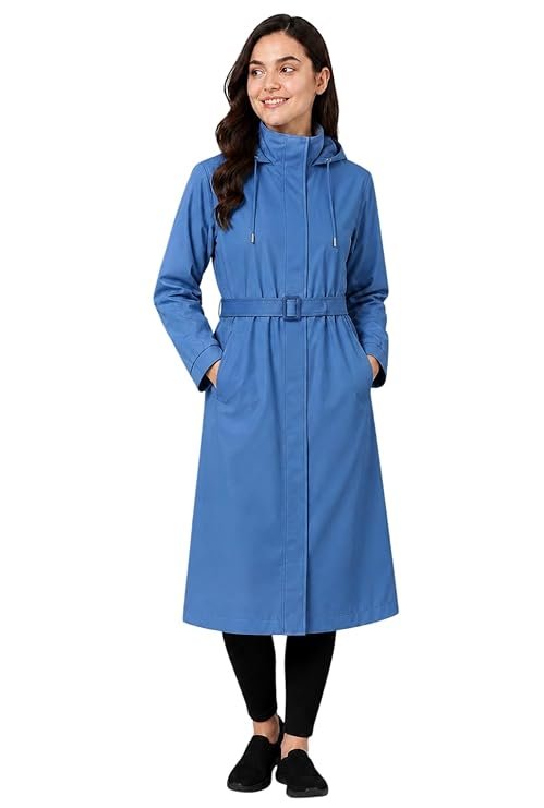 Women's Blue Full Length Waterproof Raincoat with Adjustable Belt Design