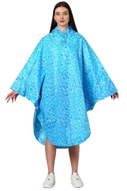Women's Reversible Sky Blue Waterproof Rain Poncho with Hood and Carry Bag