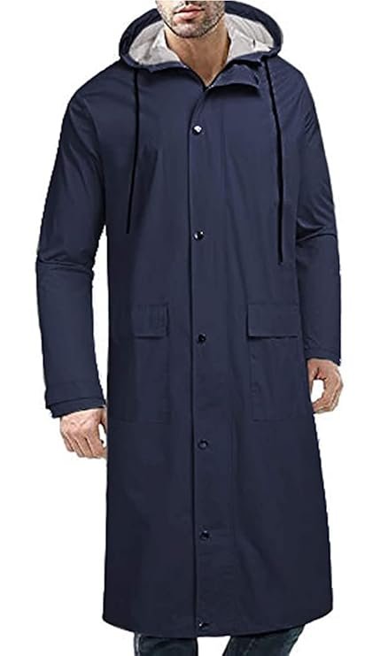 Long Blue Hooded Rainwear for Men with Storage Bag Waterproof Protection