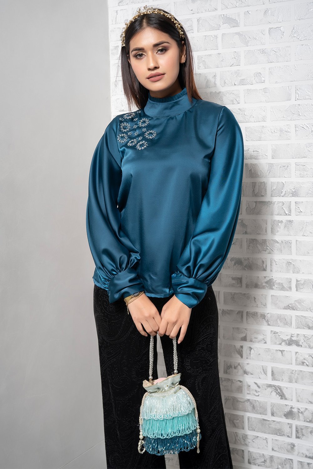 Teal Blue Satin Embellished Top