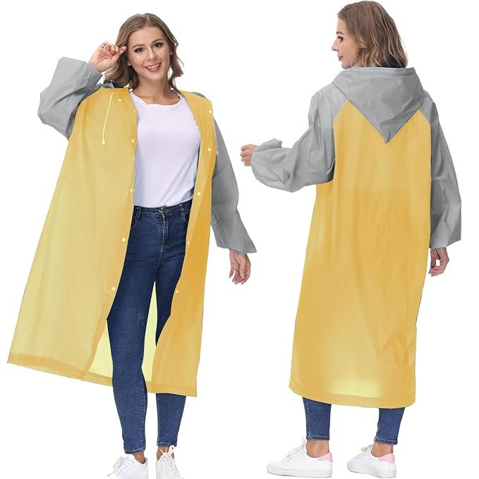 Women's Yellow EVA Transparent Hooded Waterproof Rain Poncho Long Rain Jacket