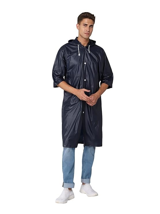 Blue PVC Waterproof Long Raincoat for Men Durable Rain Protection