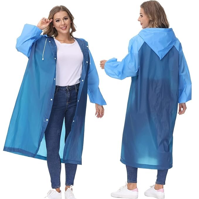 Women's Blue EVA Transparent Hooded Rain Poncho Long Waterproof Jacket