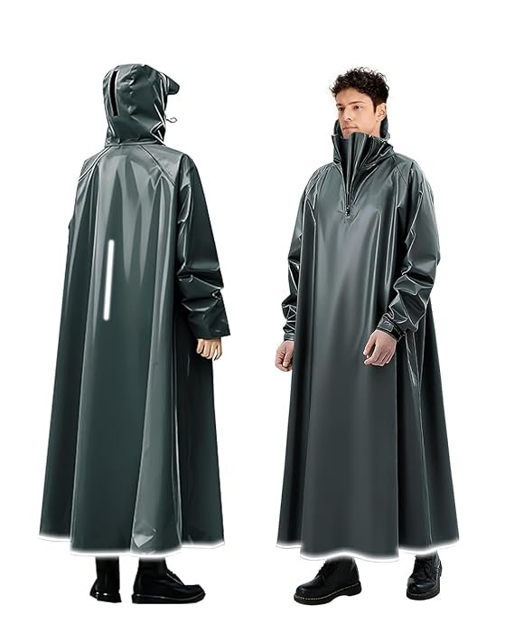 Green Long Waterproof Raincoat for Men with Reflective Stripe and Hood