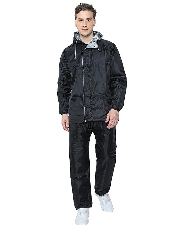 Black Reversible Waterproof Raincoat with Pants for Men Outdoor Protection