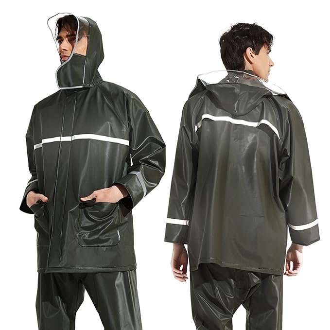 Green Two Piece Waterproof Raincoat with Transparent Face Shield Protection