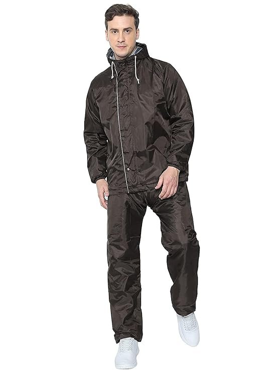 Brown Reversible Waterproof Raincoat with Pants for Men Double Layer Protection