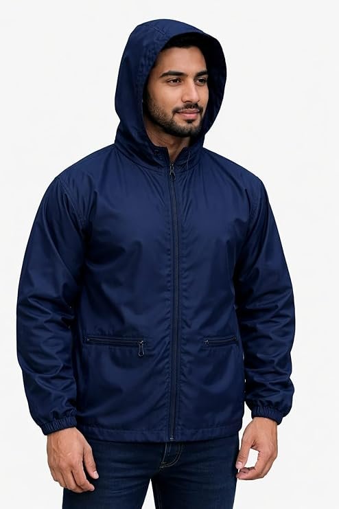 Blue All Weather Waterproof Hooded Rain Jacket for Men Outdoor Use