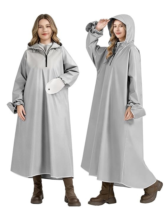 Women's Long Waterproof Oxford Raincoat with Reflective Stripe and Adjustable Hood