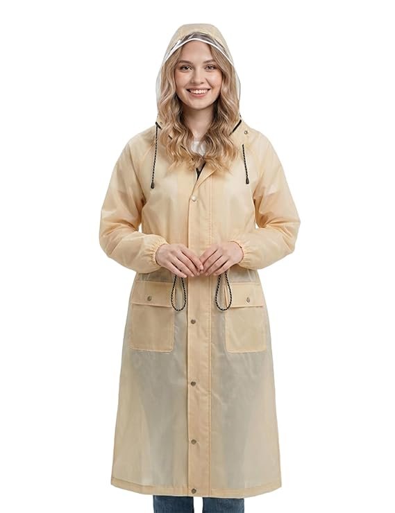 Women's Beige Long Waterproof Raincoat with Hood and Drawstring Waist
