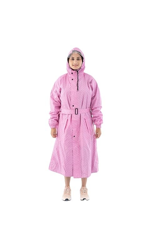 Women's Pink Hooded Waterproof Raincoat Stylish Long Rainwear