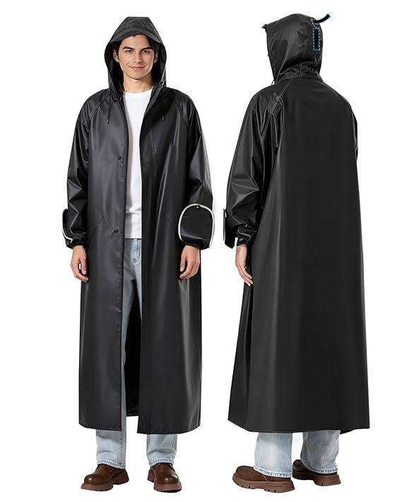 Long Waterproof Raincoat for Men with Wide Brim Hood and Double Zipper