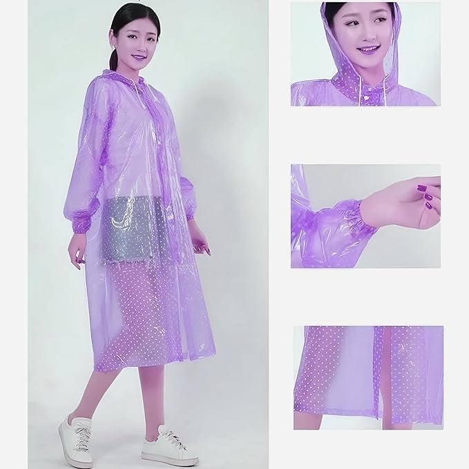 Women's Purple PVC Transparent Hooded Raincoat with Sleeves Outdoor Rain Protection