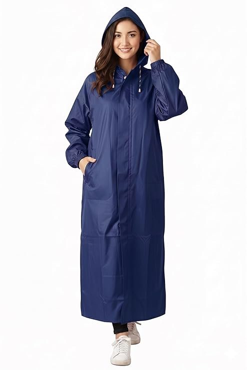 Women's Blue Full Length Waterproof Raincoat with Hood and Side Pockets