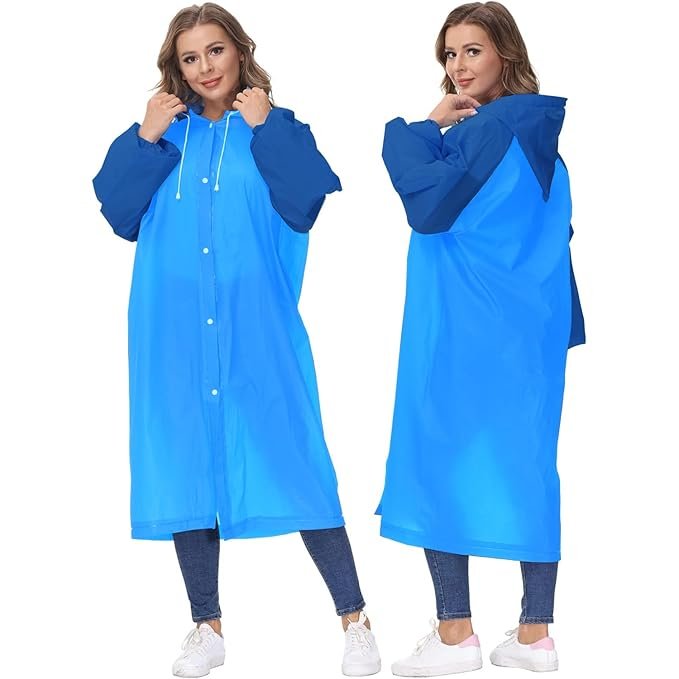 Women's Sky Blue EVA Transparent Hooded Rain Poncho with Sleeves