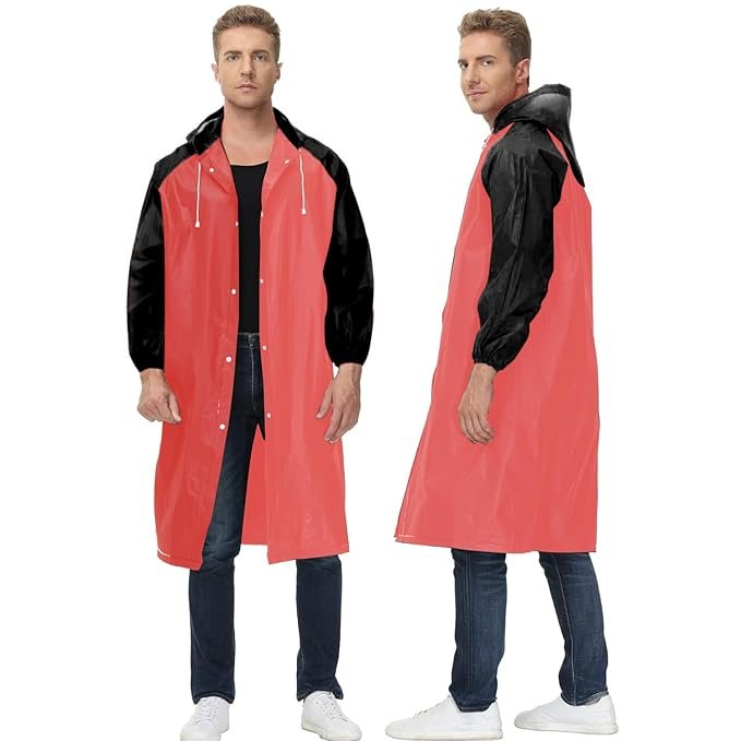 Women's Red EVA Transparent Hooded Waterproof Rain Poncho for Outdoor Use