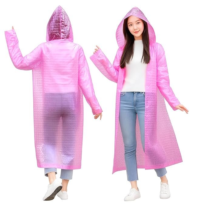 Women's Pink EVA Hooded Raincoat Water Resistant Long Sleeve Protection