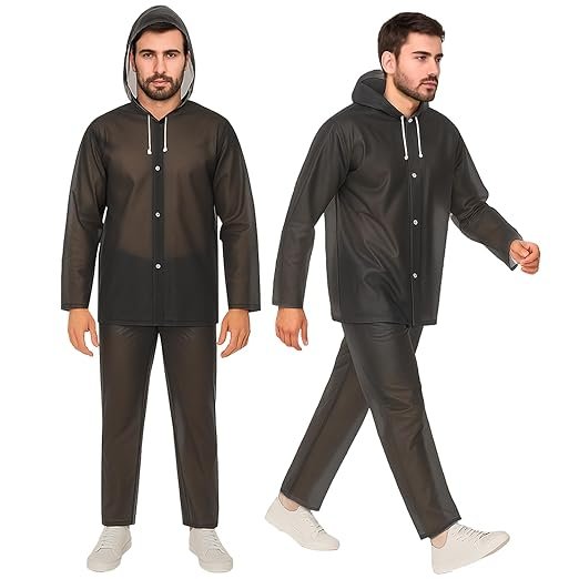 Black Lightweight Waterproof Rain Suit Set with Adjustable Hood and Pants