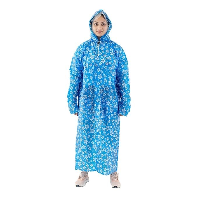 Women's Sky Blue Floral Print Hooded Raincoat Lightweight Rain Protection