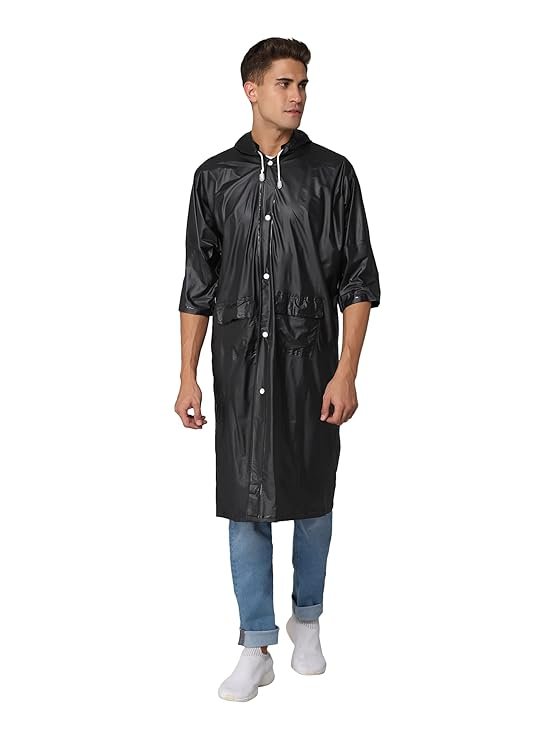 Black PVC Waterproof Long Raincoat for Men with Adjustable Hood