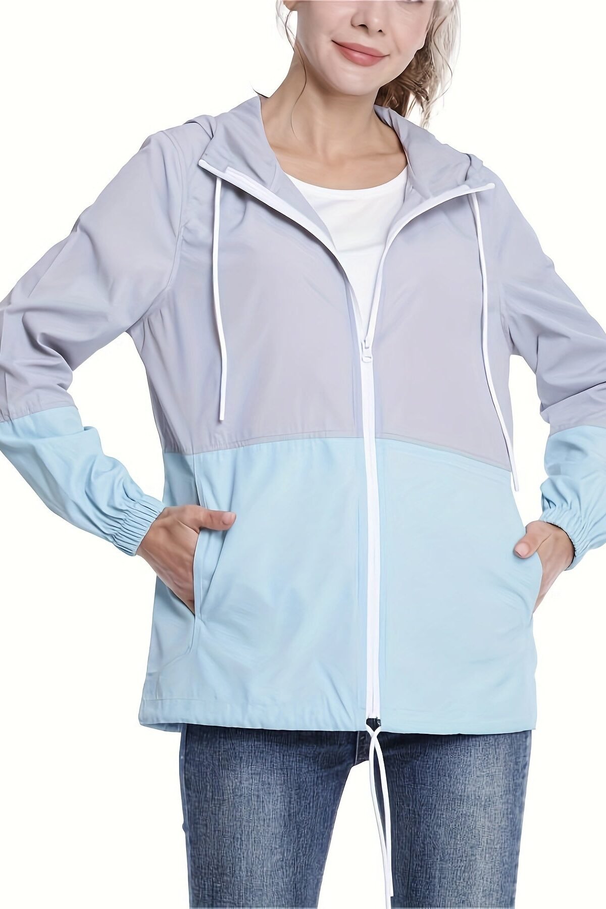 Women's Grey Lightweight Packable Waterproof Hooded Rain Jacket