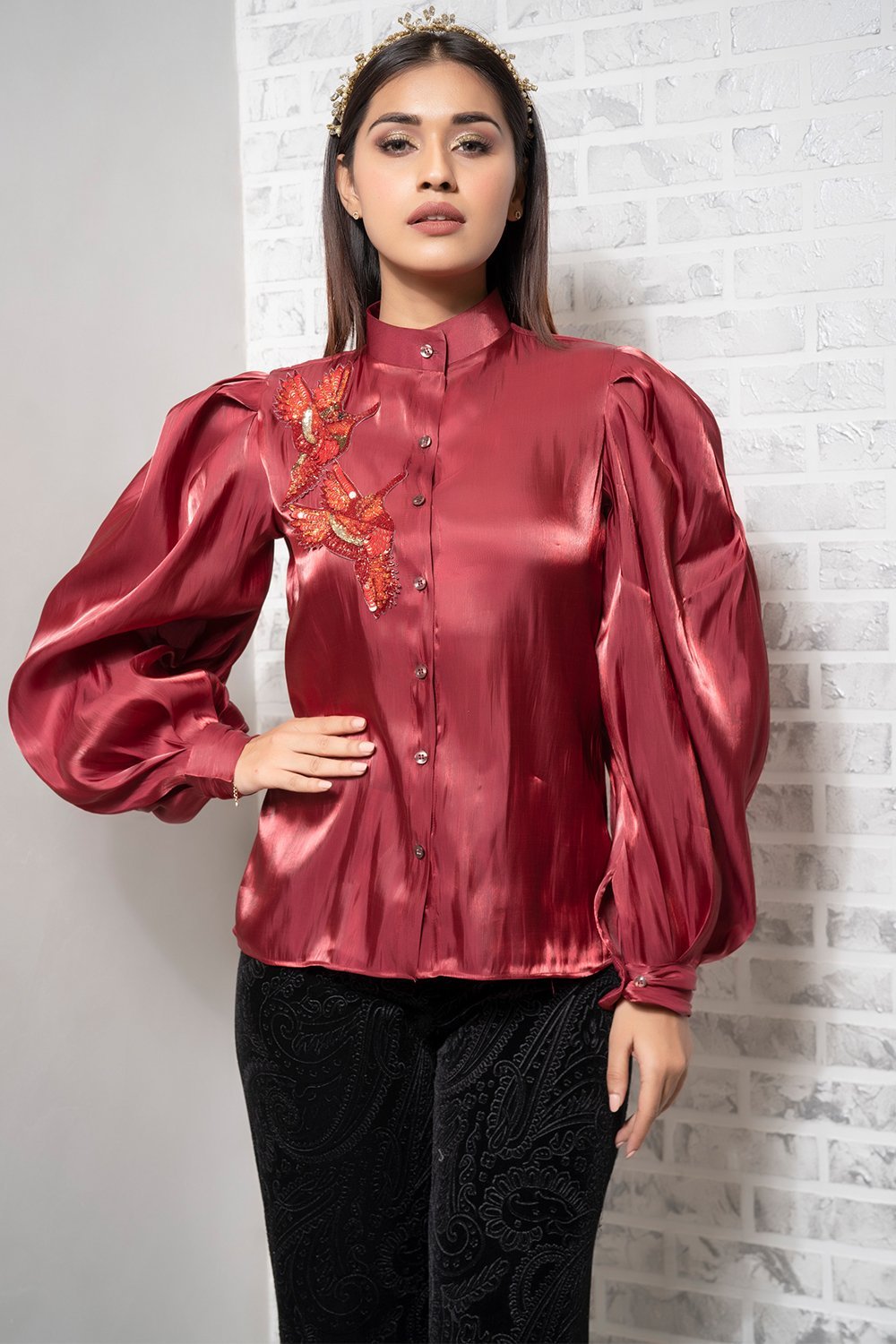 Maroon Bird Embellished Shirt