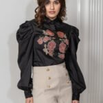 Black Ballon Sleeve Patch Shirt