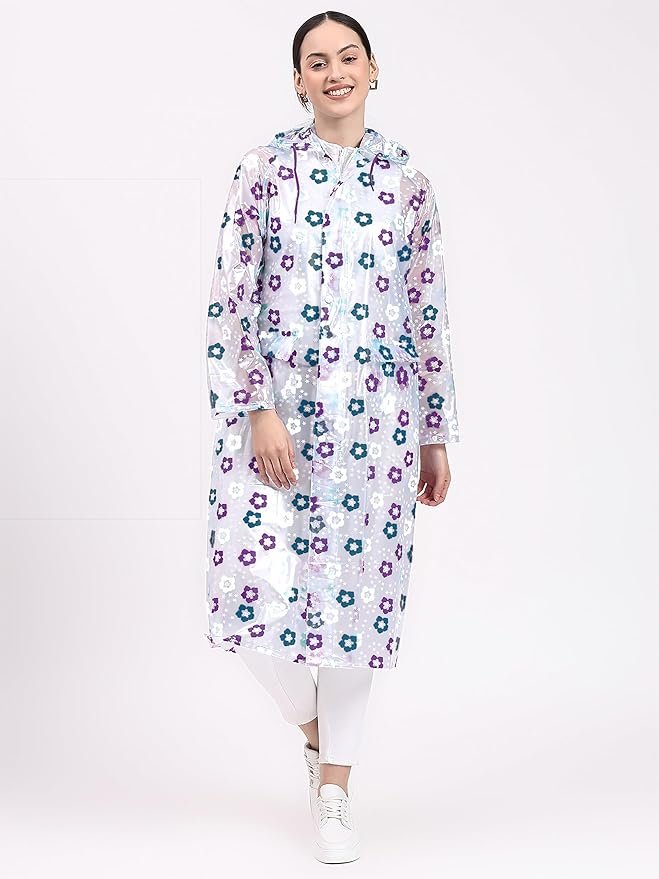 Women's Purple Printed Waterproof Raincoat with Hood and Full Sleeve Design
