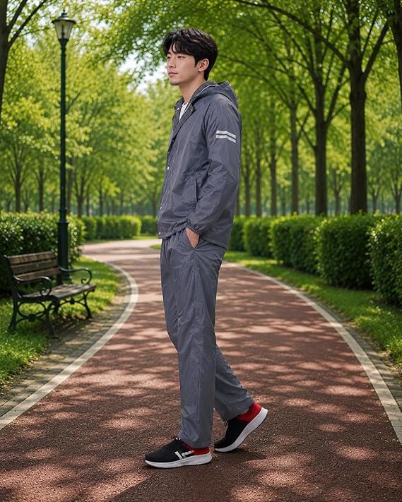 Grey Reversible Double Layer Raincoat for Men with Hood and Pant Set