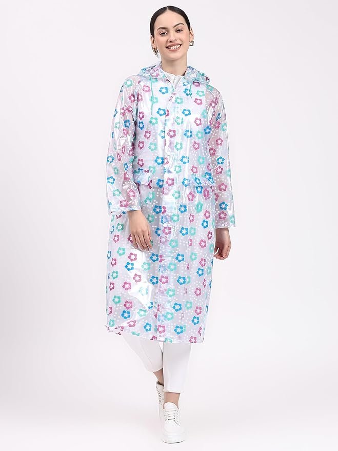 Women's Blue Printed Waterproof Raincoat with Hood and Full Sleeves