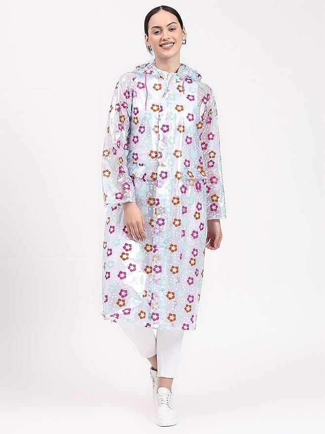 Women's Pink Printed Waterproof Raincoat with Hood Lightweight Rainwear