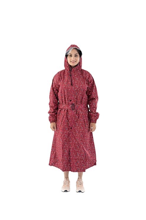 Women's Maroon Hooded Waterproof Raincoat with Belt and Front Zip Closure