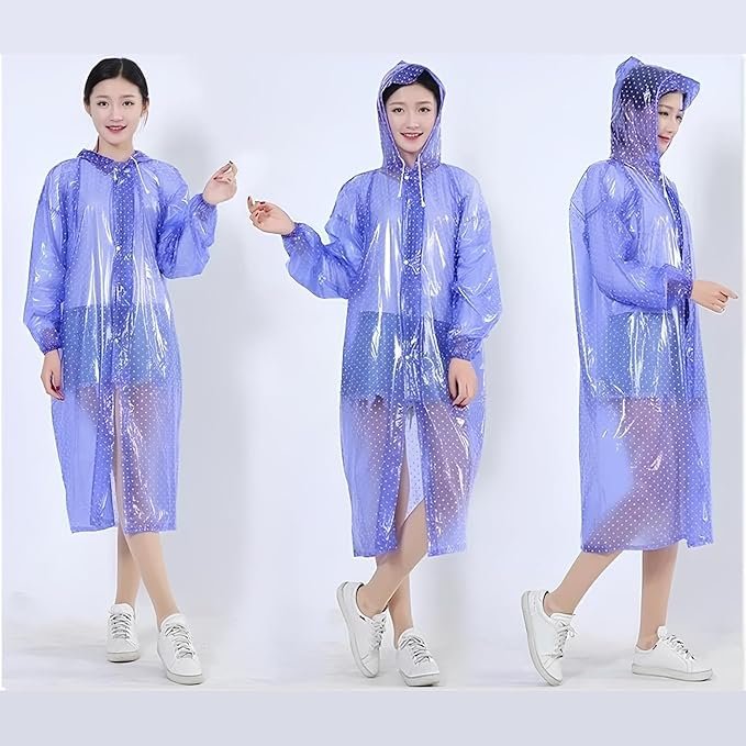 Women's Blue PVC Transparent Hooded Raincoat Waterproof Long Sleeve Rainwear