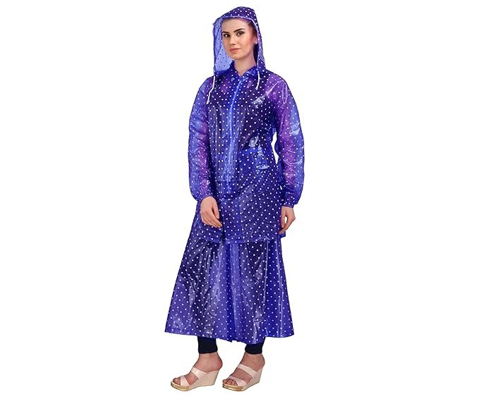 Women's Blue Dotted Print Raincoat Top and Skirt Suit Waterproof Rainwear