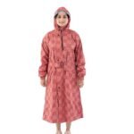 Women's Red Hooded Waterproof Raincoat with Belted Waterproof Design