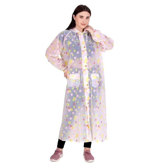 Women's Yellow Printed Waterproof Raincoat with Hood Outdoor Rain Protection