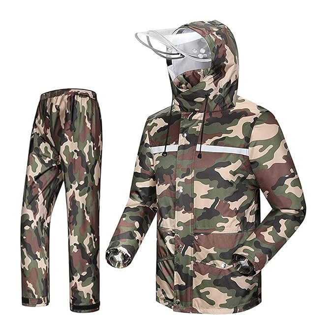 Army Green Waterproof Raincoat Set with Face Shield and Detachable Hood