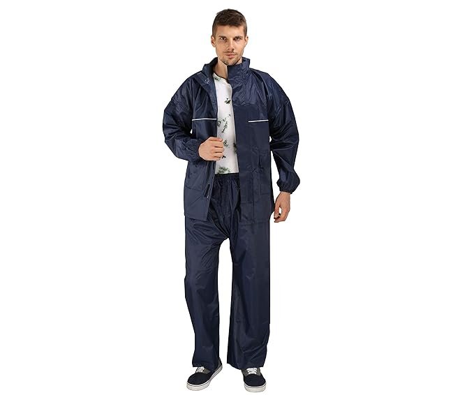 Blue Nylon Waterproof Hooded Raincoat for Men Outdoor Rain Protection