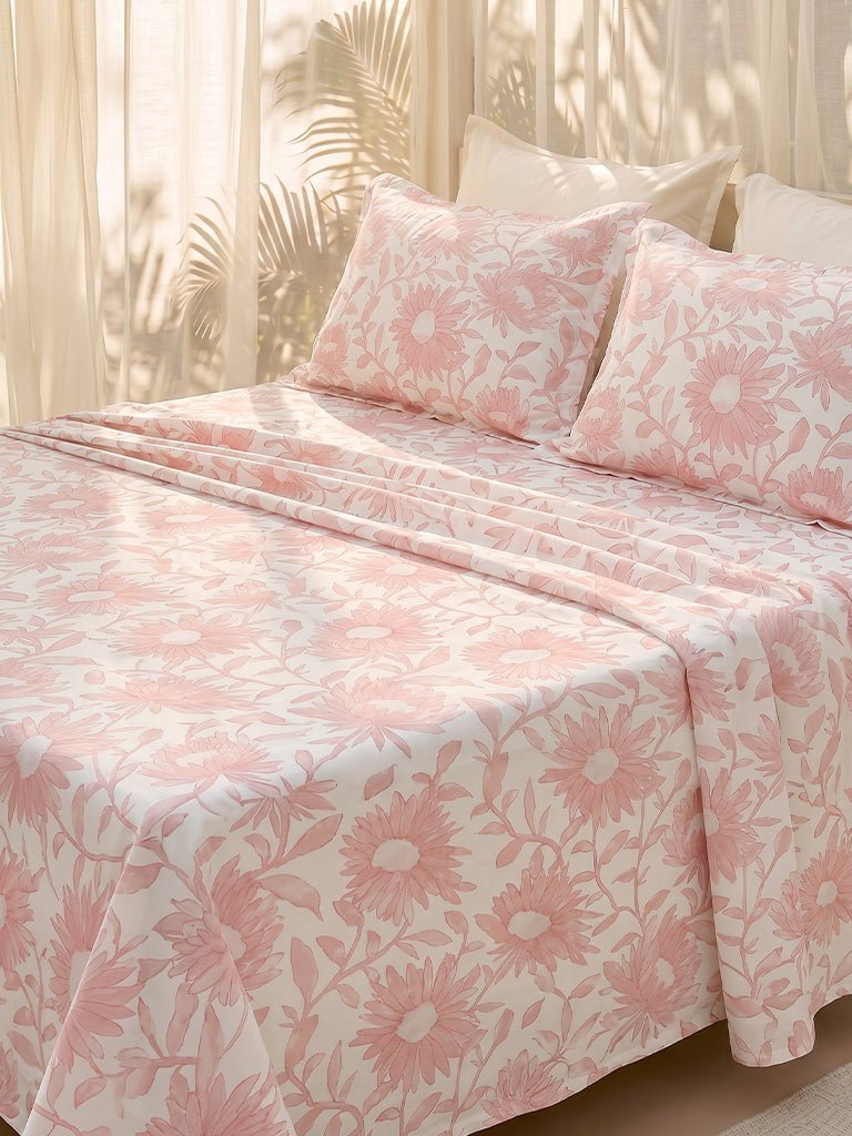 Fast Wear Pink Sunflower Printed King Bed Sheet Set