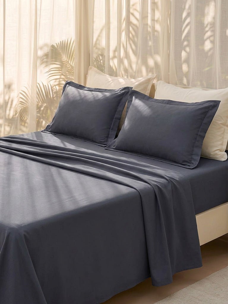 Fast Wear Dusty Blue Solid Queen Bed Sheet Set