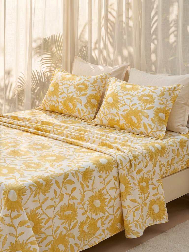 Fast Wear Yellow Sunflower Pattern King Bed Sheet Set