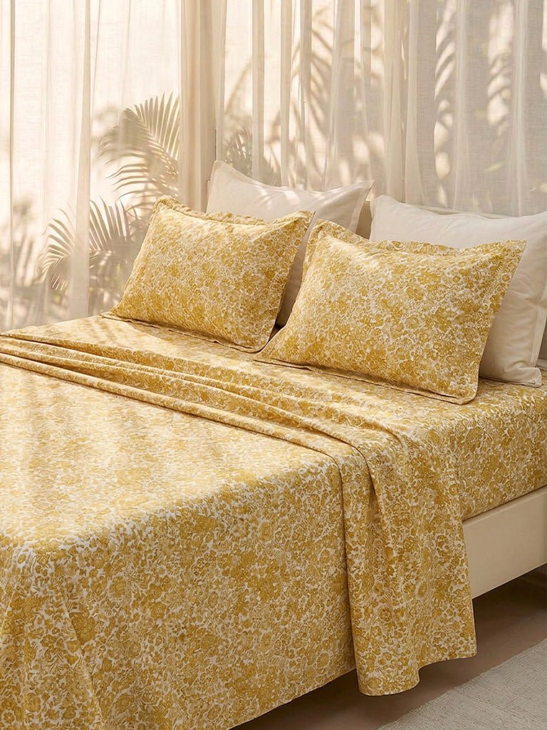 Fast Wear Yellow Floral Pattern Queen Bed Sheet Set
